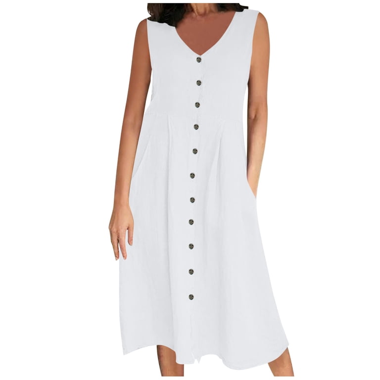 TAGOLD Womens Camis Sleeveless Dress Solid Color V Neck Button Pocket Linen  Jumpsuit Summer Dress