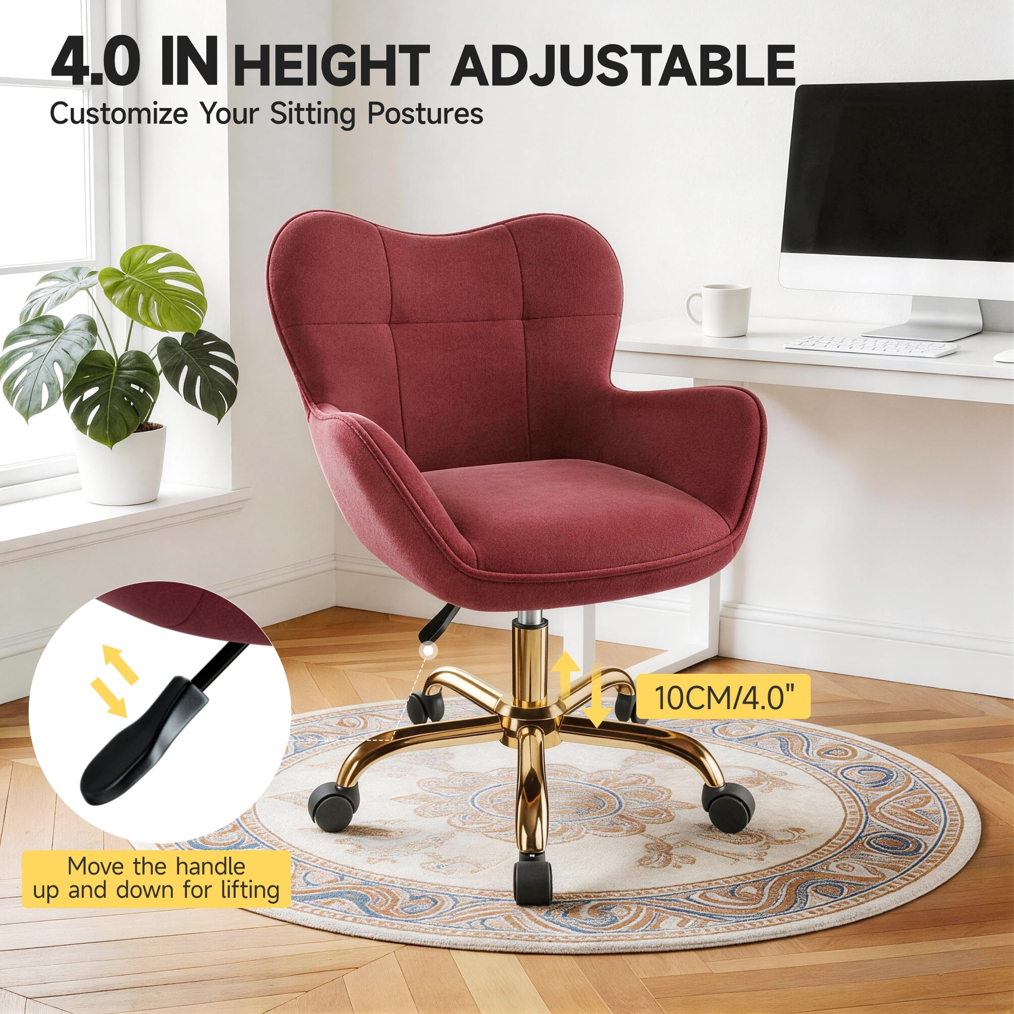 COOHUT Velvet Vanity Chair, Mackup Chair with Wheels, Comfy Swivel Modern Leisure Armchair for Girls Women, Small Office Chair Height Adjustable for Living Room, Bedroom, Offic, Rose Red