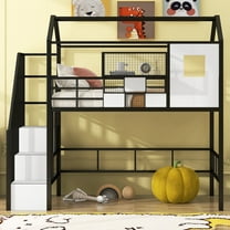 Bellemave Twin Size House Loft Bed with Stairs, Metal Loft Bed Frame with Storage Shelves, Heavy Duty Low Loft Bed for Bedroom（Black)