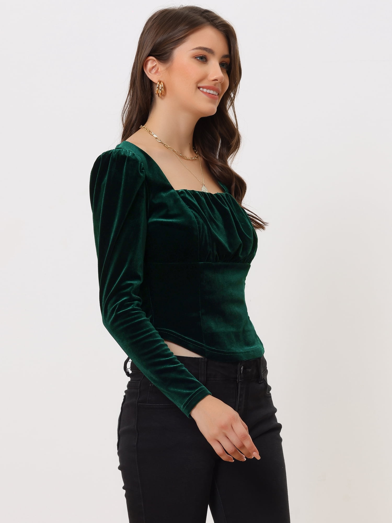 Long Sleeves Crop Tops for Women's Party Velvet Blouse Square Neck Top XL Dark Green
