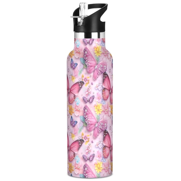 ALAZA Sparkling Butterfly Pattern Stainless Steel Water Bottle Vacuum Insulated Leak-Proof Tumbler with Straw Handle 20oz