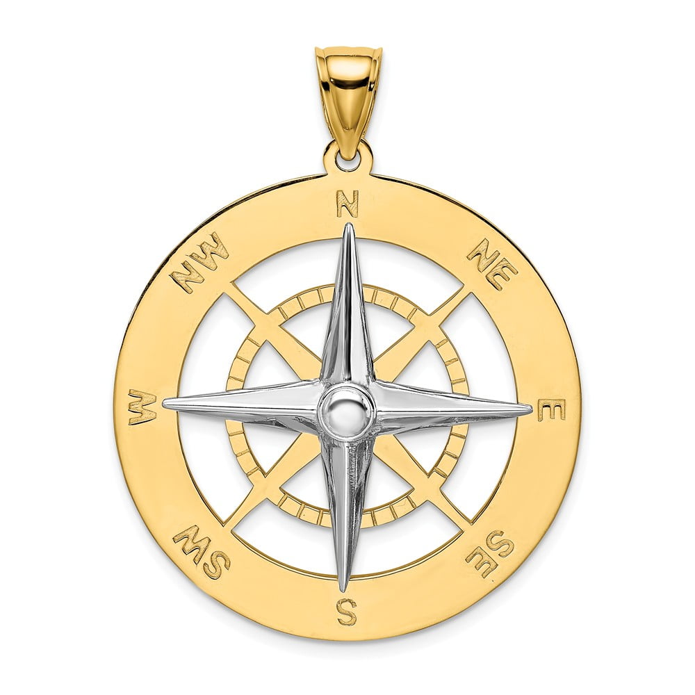Solid 14k Yellow Gold Two Toned Nautical Compass White Needle Charm