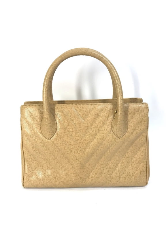 Pre-Owned CHANEL Chevron V-Stitch Vintage Tote Bag, Caviar Leather, Women's, Beige (Good)