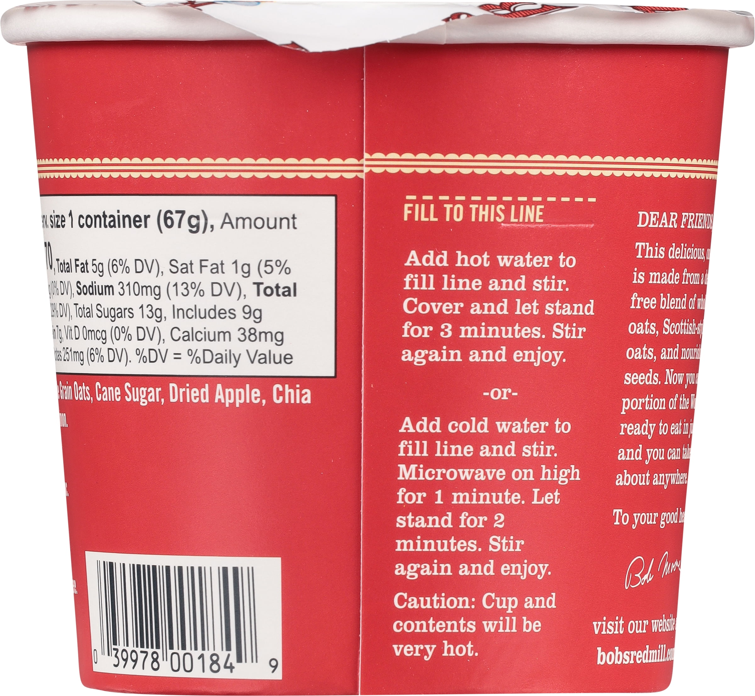 (5 pack) Bob's Red Mill Non-GMO Gluten Free Apple Pieces and Cinnamon Oatmeal with Flax & Chia 2.36 oz Microwavable Cup