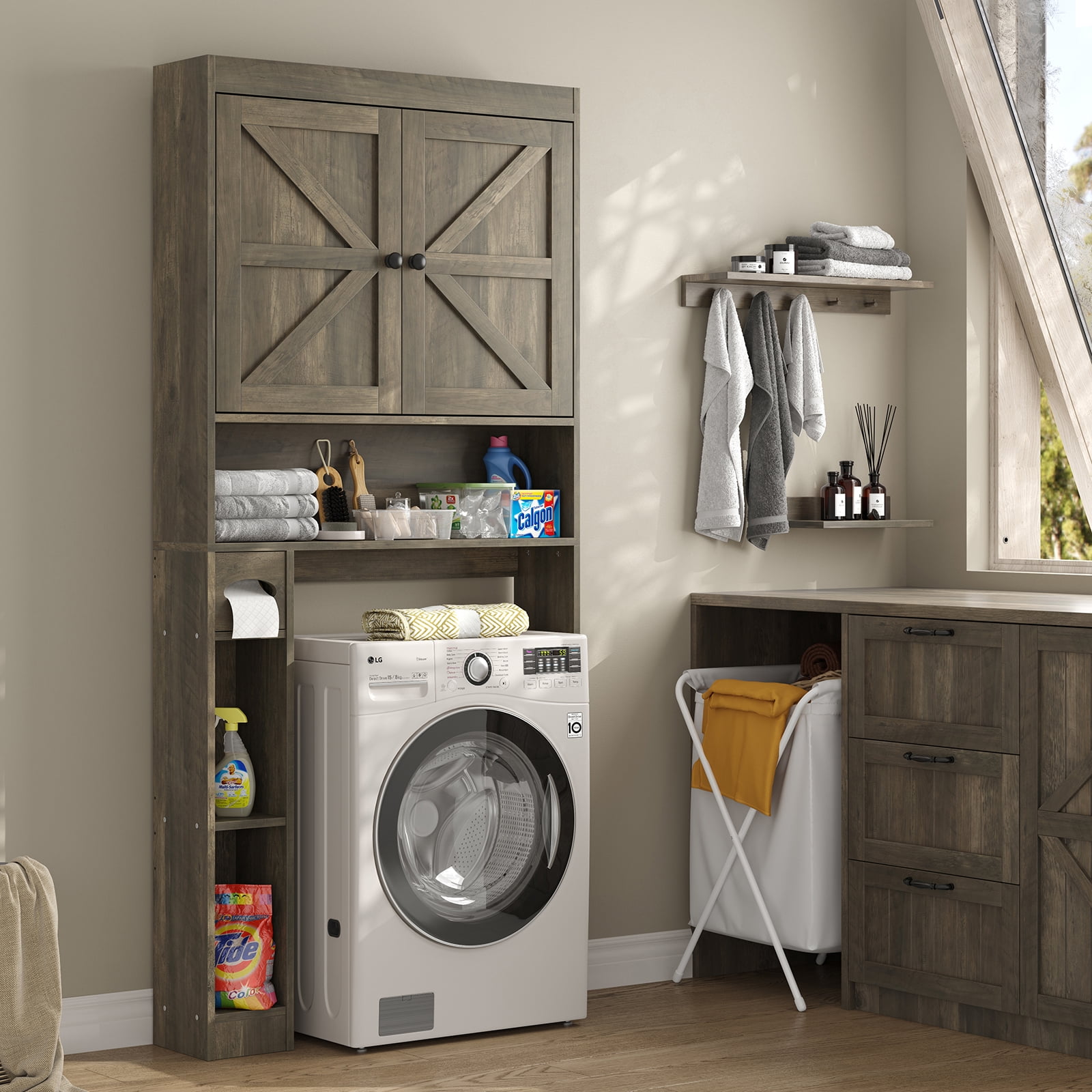 Furnihold Over The Toilet Storage Cabinet with Barn Doors, 32.3''W Farmhouse Bathroom Over Toilet Shelf Space Saver with Toilet Paper Holder, Gray