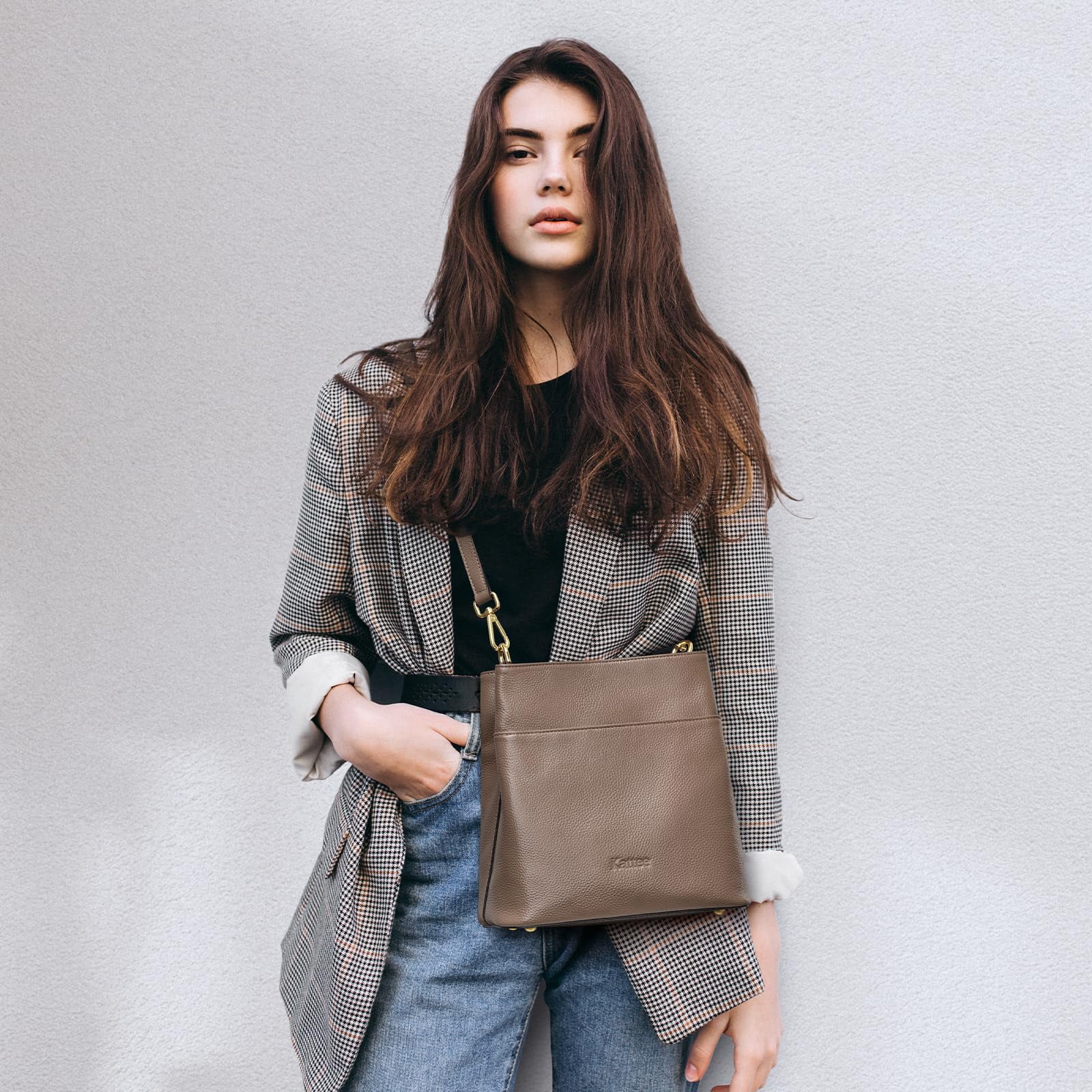 Kattee Leather Handbags for Women, Medium Soft Shoulder Tote Crossbody Purses Bucket Bags with 2 Straps