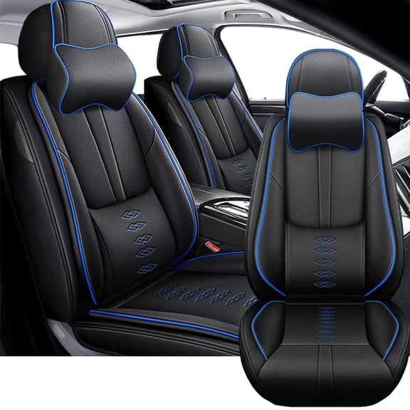 Front Set Car Seat Covers Fit for Toyota 98% Models,Faux Leather Seat Covers,Waterproof Car Seat Protectors,Full-Coverage Car Interior(Black+Blue,Pillows)