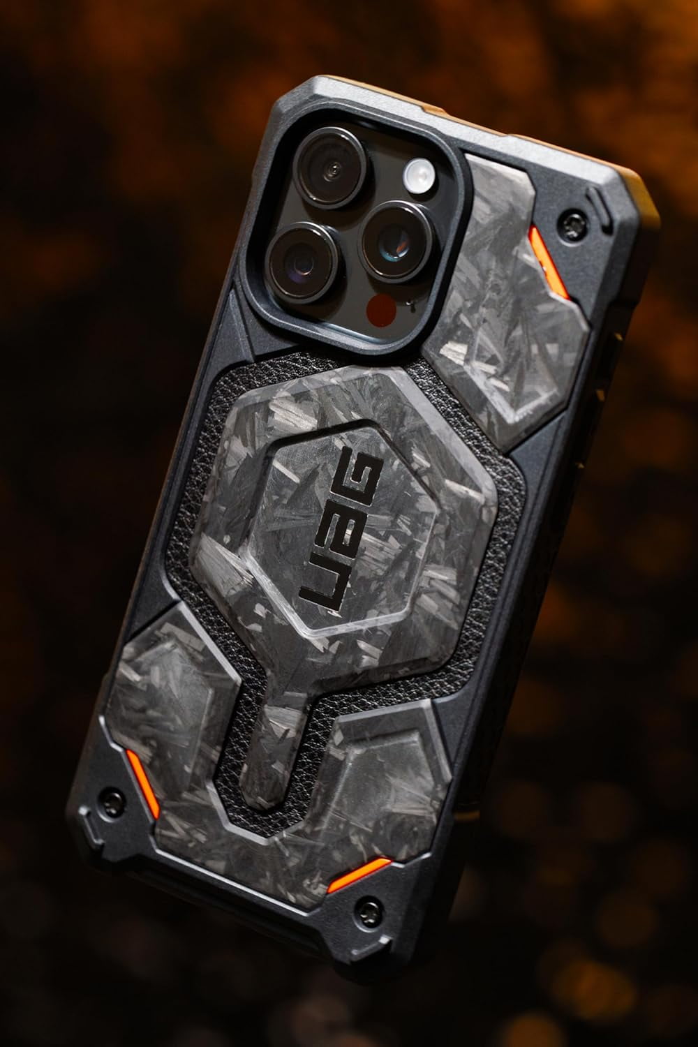 UAG [Limited Edition] iPhone 15 Pro Max Case 6.7" Monarch Pro Forged Carbon Fiber Orange Accent, Built-in Magnet Compatible with MagSafe Rugged Protective Cover
