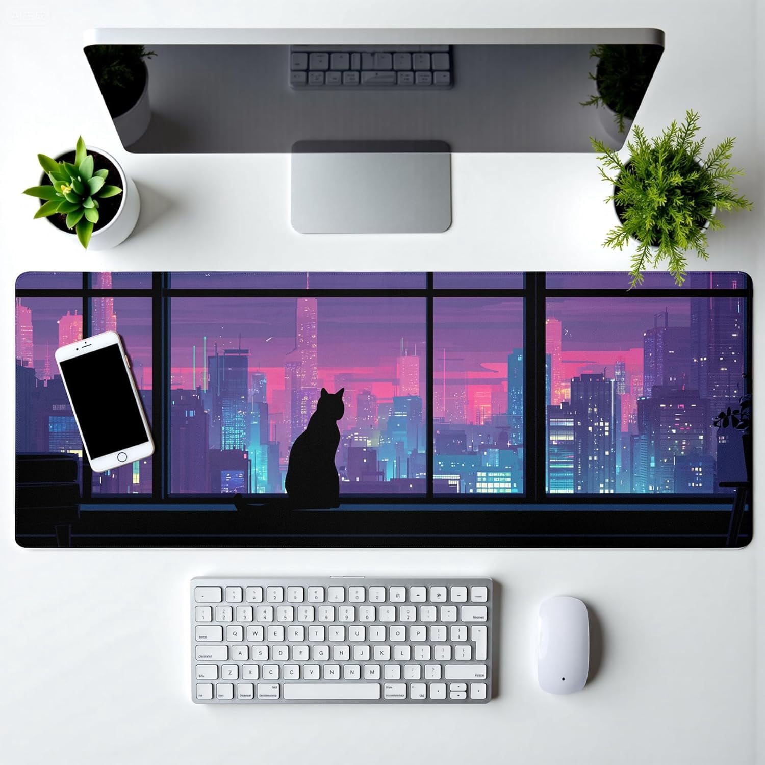 Cat Gaming Mouse Pad Abstract Kawaii Mouse Pad 31.5x11.8 Inch Cute Japanese Anime Desk Mat Non-Slip Rubber Base Large Mousepad Stitched Edges Keyboard Mouse Mat Desk Pad for Office and Home