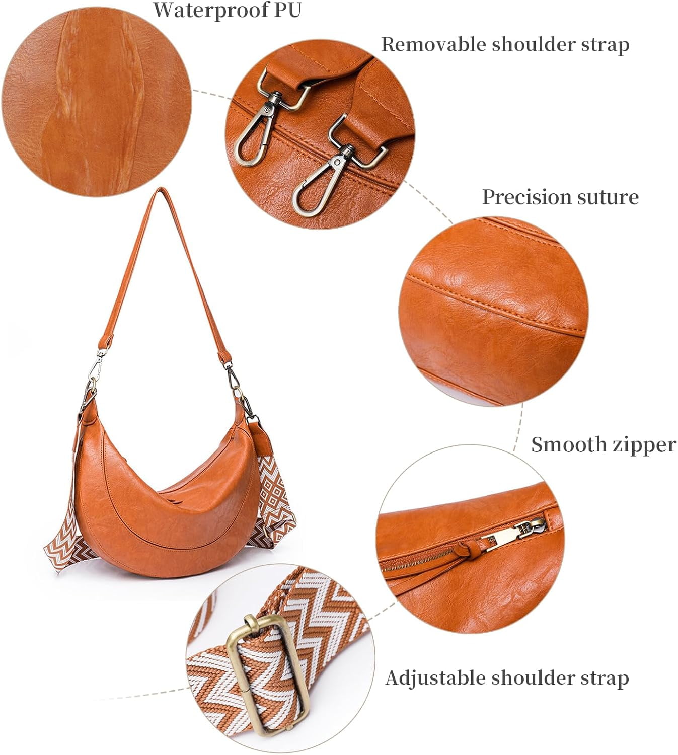 HMSHA Crescent Shoulder Bags for Women Trendy Crossbody Purse Vegan Leather Handbag with Wide Strap for Travel