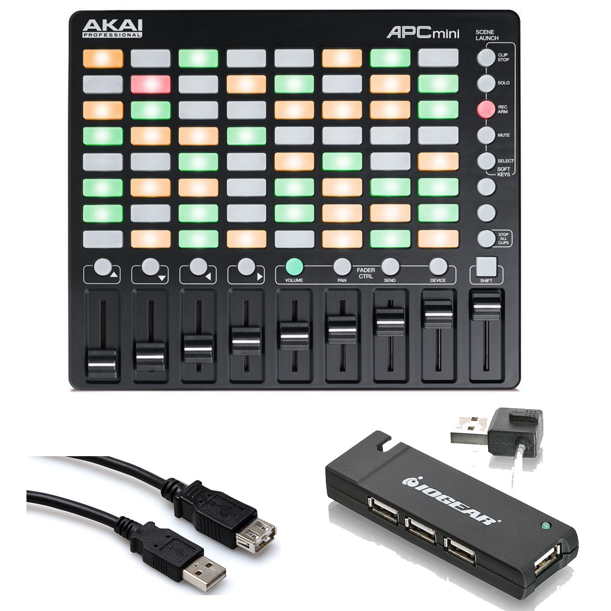 Akai Professional APC Mini Pad Controller + 4 Port USB Hub + Hosa Ext Cable 5 ft