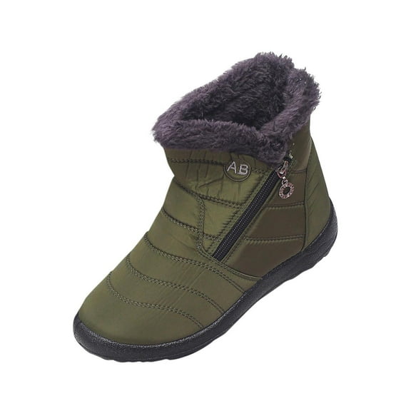 Army Green Women'S Winter Snow Boots With Plush Fleece Lining, Round Toe, Side Zipper, Flat Sole For Cold Weather Warmth