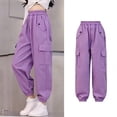 thumbnail image 2 of CPNG Girls Casual Baggy Cargo Pants Teen Girls Multi-Pocket Straight Wide Leg Athletic Pants Loose Elastic Waist Cargo Trousers(Purple,7-8 Years), 2 of 8
