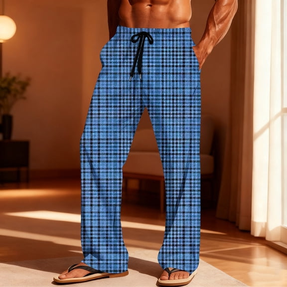 SOOMLON Pajamas for Men Pants Big and Tall Drawstring Trousers Blue Plaid Sleepwear Travel Clothes with Pockets