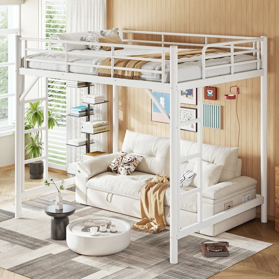 Leumius Full Size Metal Loft Bed,Heavy Duty Metal Bed Frame with 2 Ladders and Full-Length Guardrail,Sturdy Steel Slats Support,