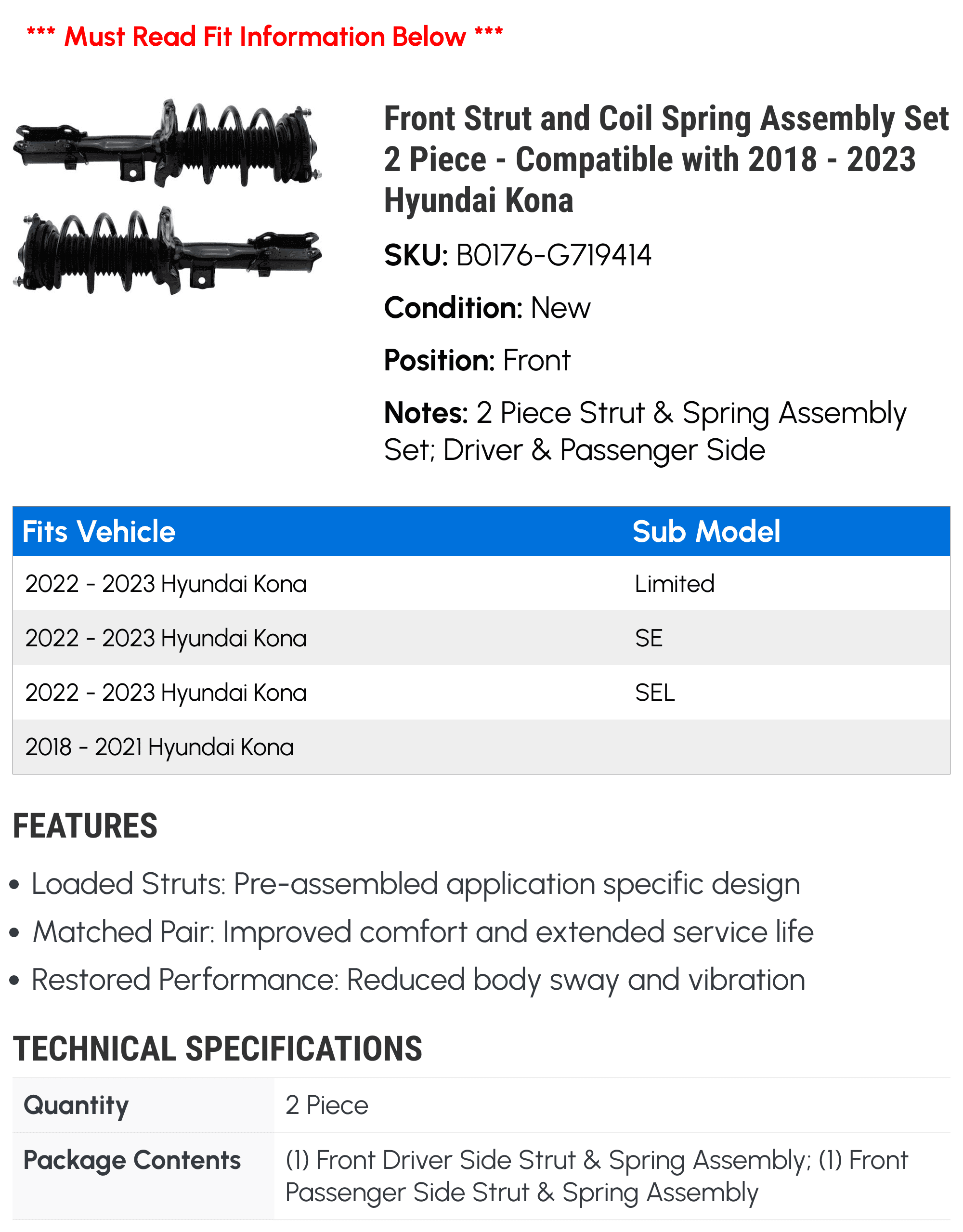 A-Premium Front Strut & Spring Assembly Pair For Hyundai Kona 2018-2023 - Driver & Passenger Side