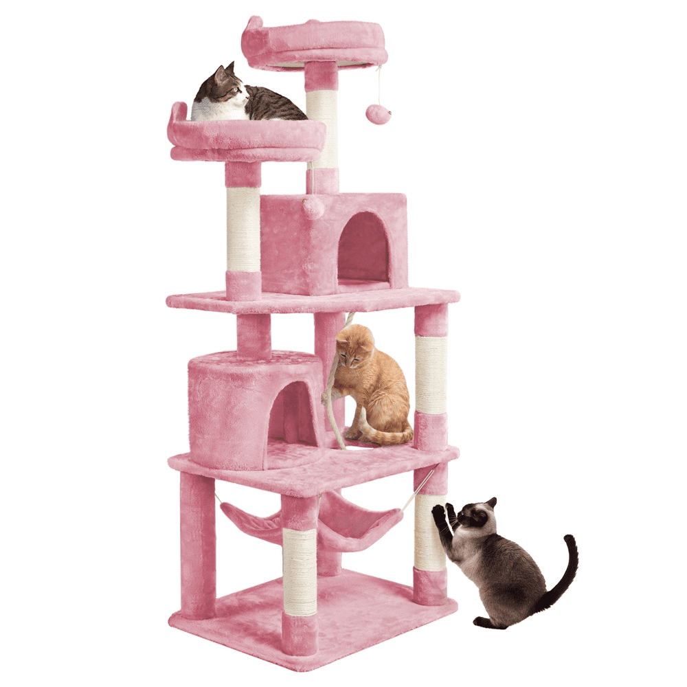 Alden Design 62" Double Condos Cat Tree and Scratching Post Tower, Pink