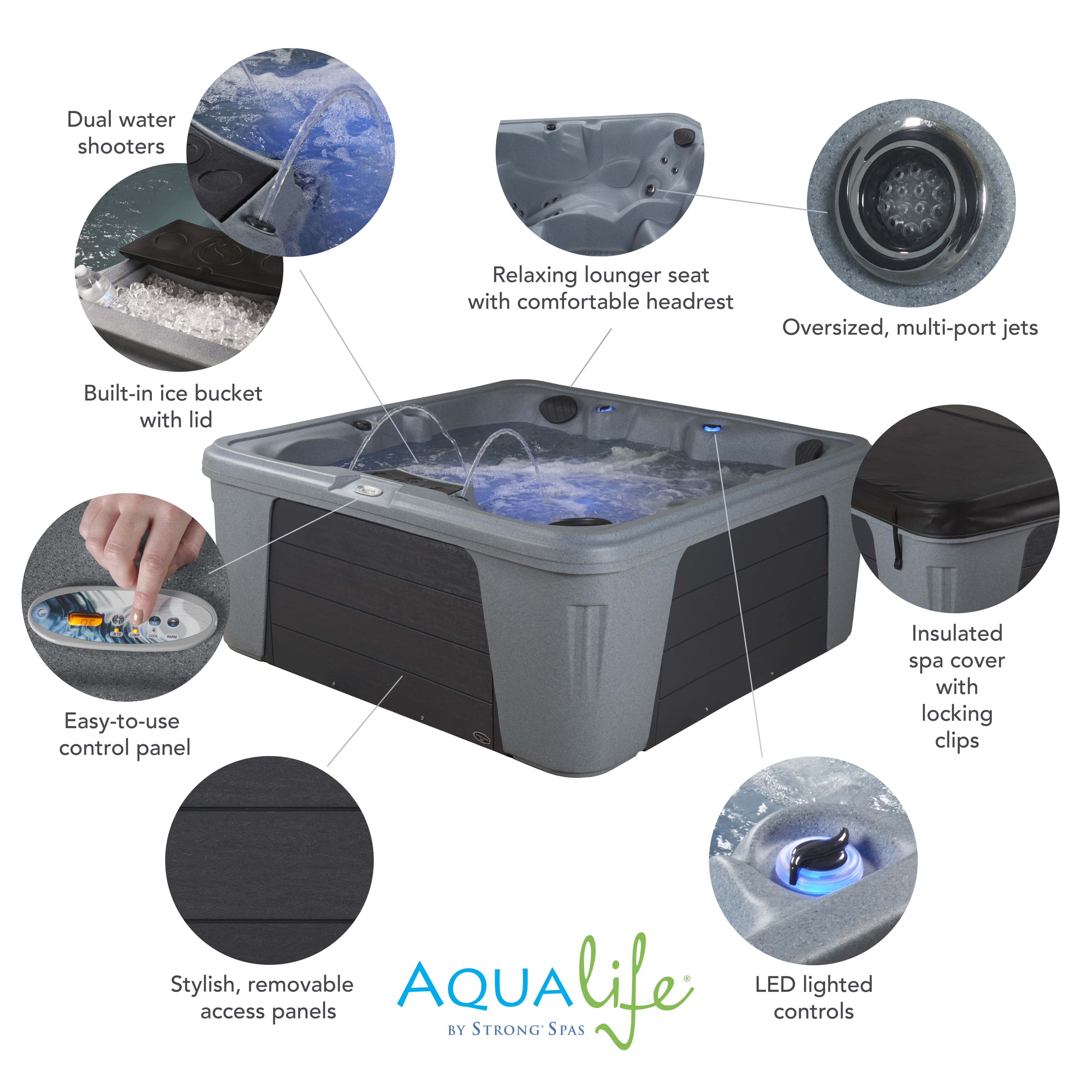 Aqualife by Strong Spas Palm Beach 6 Person 69-Port Lounger Spa, 30 Jets, Gray Granite