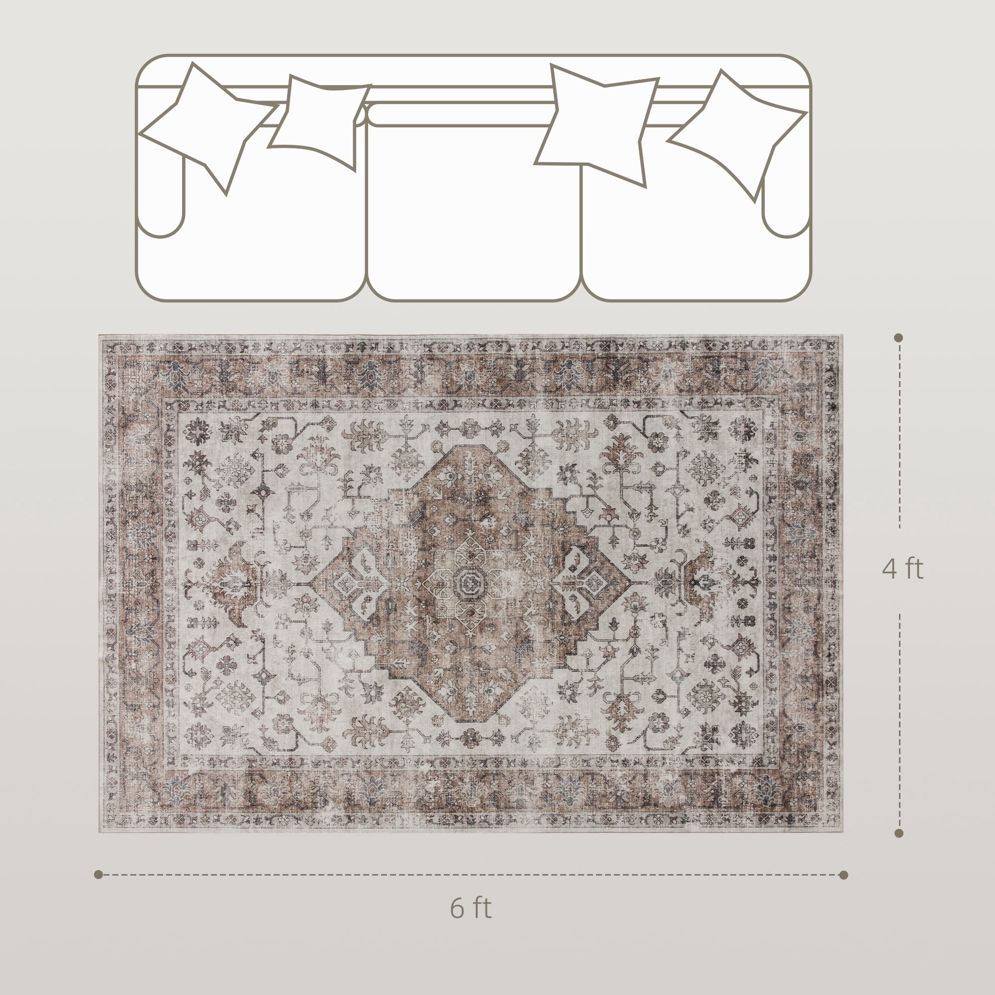 HOMCOM 4x6 Area Rug, Vintage Machine Washable Rug, Non-Slip Distressed Floor Carpet for Living Room, Bedroom, Dining Room, Home Office, Tan