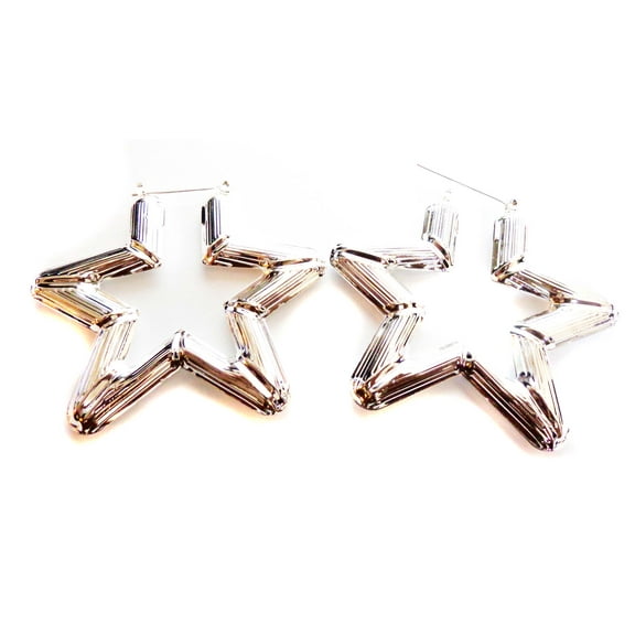 Star Bamboo Hoop Earrings Silver Star Hoops 3.25 inch Puffy Earrings