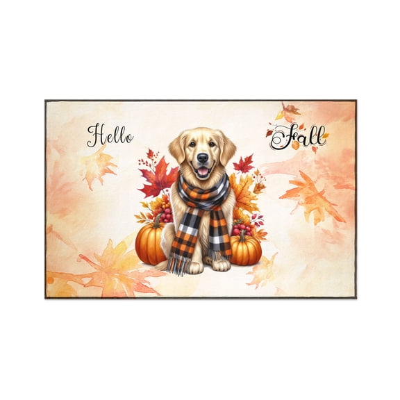 Hello Fall Golden Retriever Scarf Welcome Autumn with Leaves Pumpkins Indoor Rug Goldens Dog Lover Gifts Idea Carpet Living Bed Room Sofa Home Decor - 00011