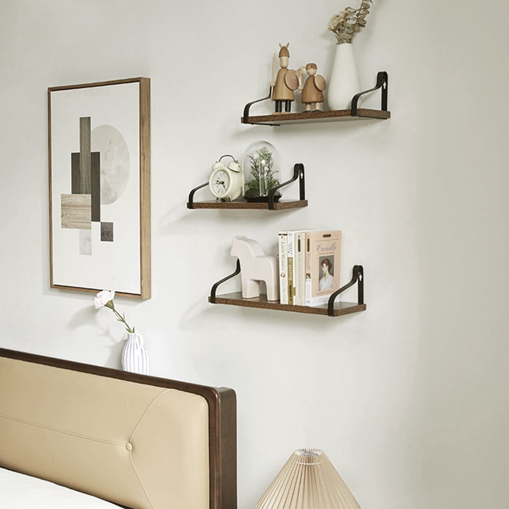 Kepooman 3PCS Floating Shelving, Wall Mounted Rustic Wood Shelves Metal Brackets Storage Set for Bathroom Bedroom Living Room Kitchen, Walnut Kepooman 3PCS Floating Shelving, Wall Mounted Rustic Wood Shelves Metal Brackets Storage Set for Bathroom Bedroom Living Room Kitchen, Walnut
