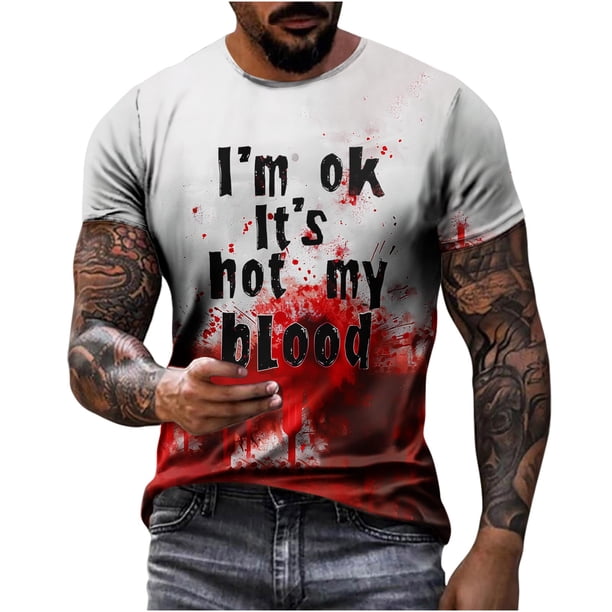 Camiseta Impresa de Halloween de los Hombres, Manga Corta Cuello Redondo Casual Top para Fiesta Y Uso Diario, Tee Gráfica Festiva en Poliéster Suave