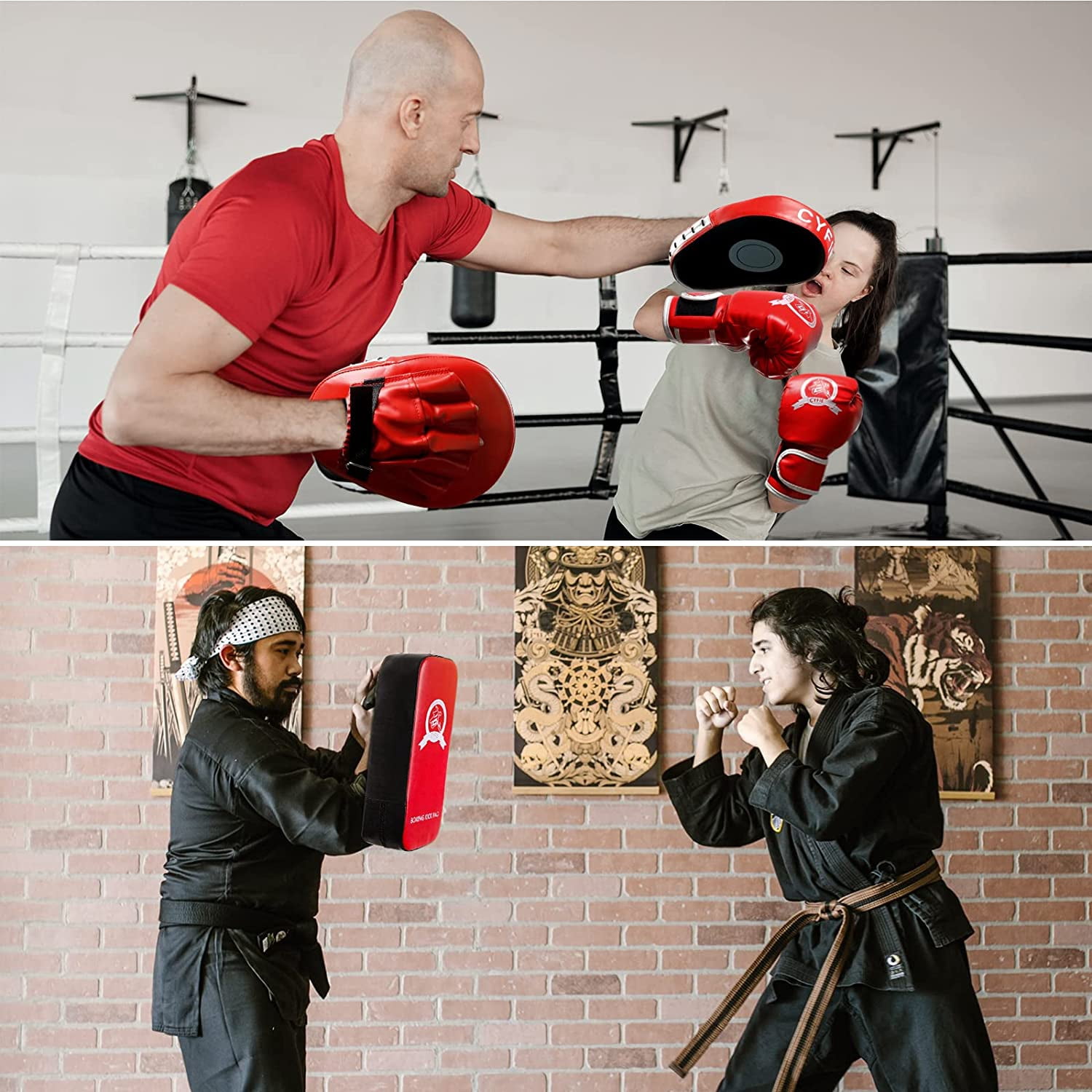 CYFIE 3-in-1 Boxing Stuff with Boxing Gloves & Taekwondo Kick Pad, Punching Mitts for Adult Youth, MMA Karate Muay Thai Training,Red