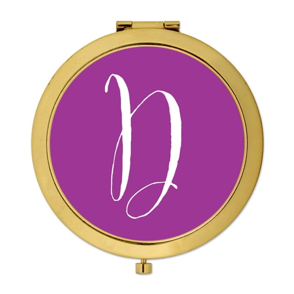 Koyal Wholesale Gold Compact Mirror Bridesmaid's Wedding Gift, Plum Purple, Monogram Letter D, 1-Pack