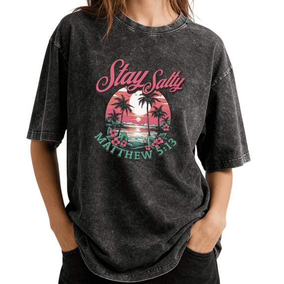 Retro Sunset Stay Salty Matthew 5:13 Wash Print Tshirt S-2XL Vintage Black Graphic Tees Gift Shirts for Christian Beach Lover Tops