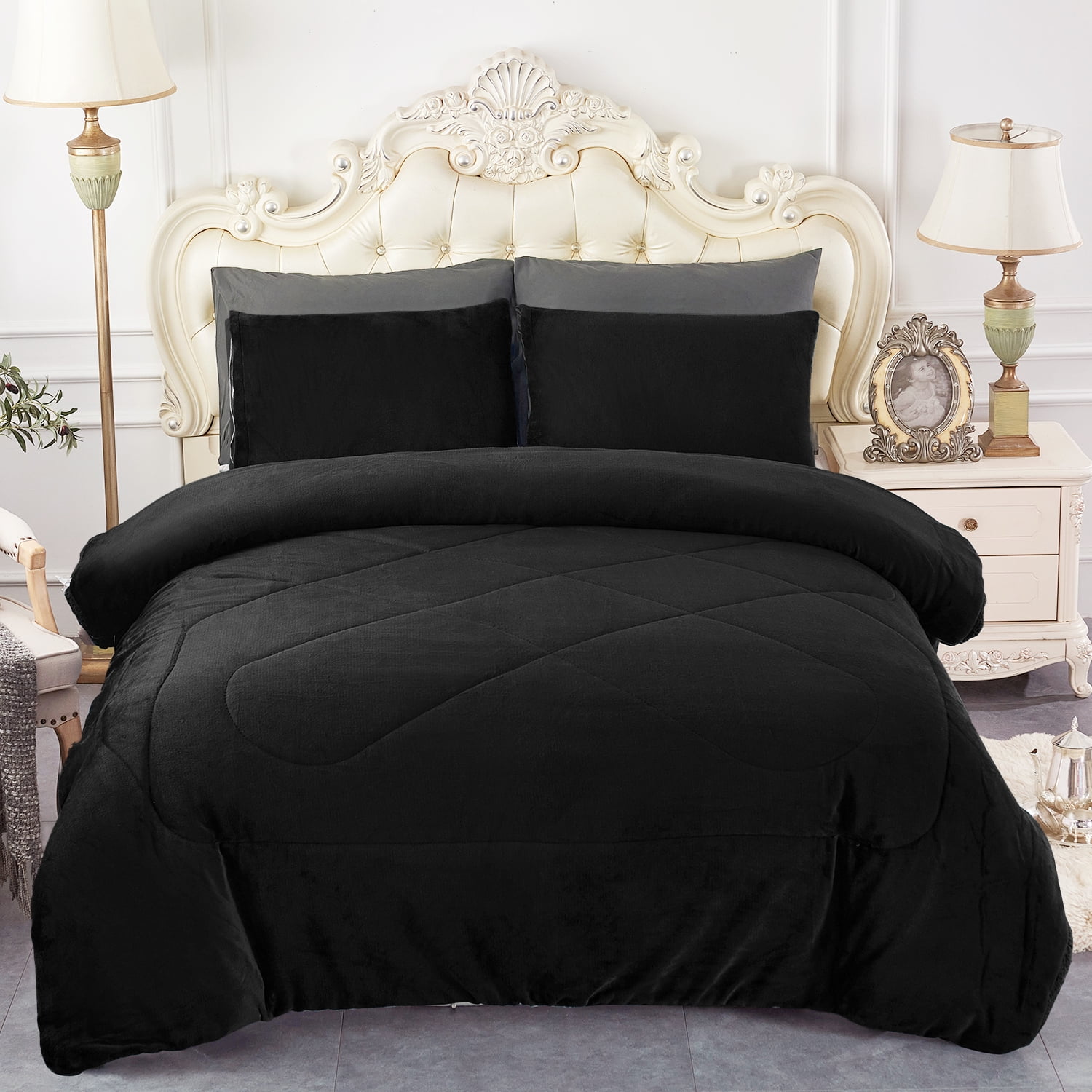JML Sherpa Fleece Bed Blankets, Black Thick Warm Borrego King Blanket for Bed, 79"x91"