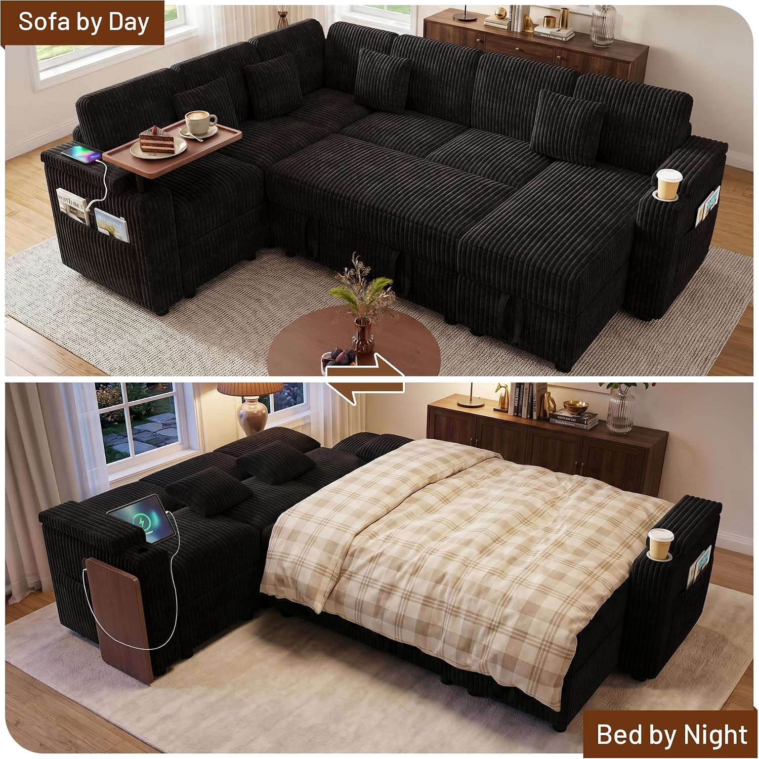 Howcool 100" U-Shaped Modular Sectional Sleeper Sofa, 7-Seat Cloud Couch with Pull-Out Bed, Storage Chaise, USB Ports, Cup Holder & Side Table, Corduroy Sofa Bed for Living Room, Black