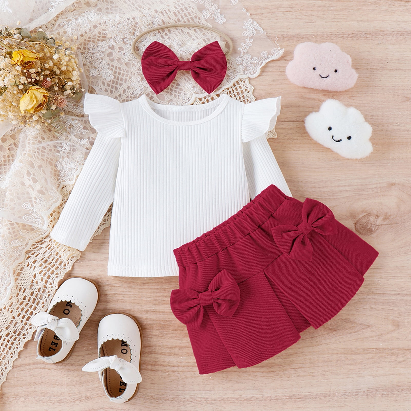 IWEMEK Girl's Fall Winter Clothes Casual Trendy Long Sleeve Ruffle Tshirt Red Mini Skirt Family Photo Autumn Suit 1-2T