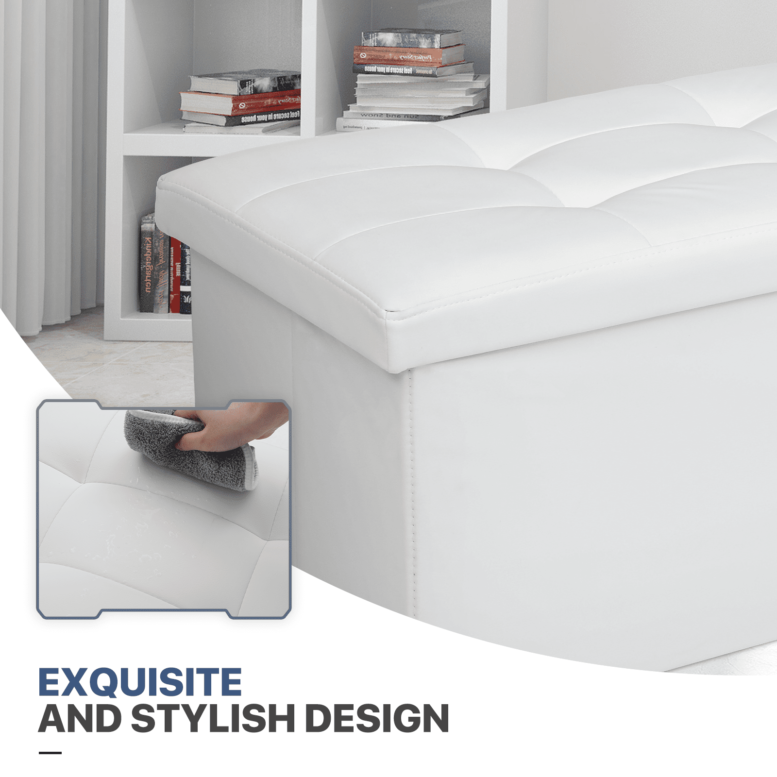 MoNiBloom 30" Folding Storage Ottoman Bench, PU Leather Collapsible Footrest Ottoman with Storage, for Living Room Bedroom Entryway, White