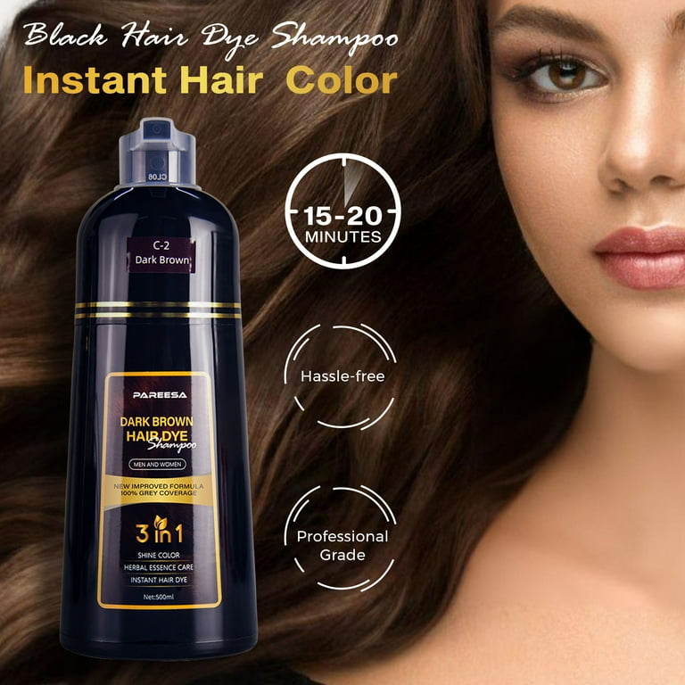PAREESA Dark Brown Hair Dye Shampoo 500ML, 3 in 1 Gray Coverage