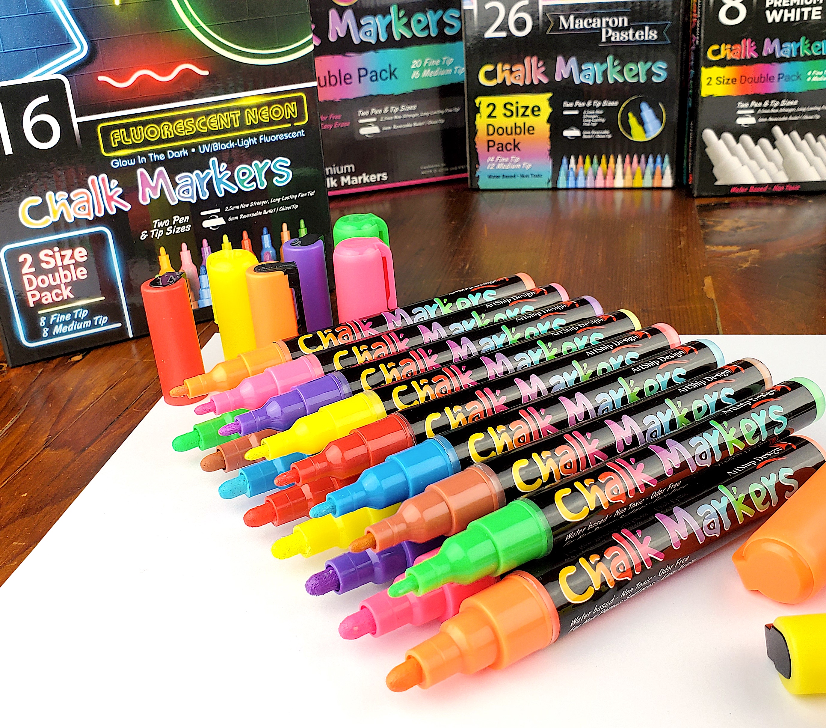 16 Fluorescent Neon Chalk Markers UV Glow in the Dark - Double
