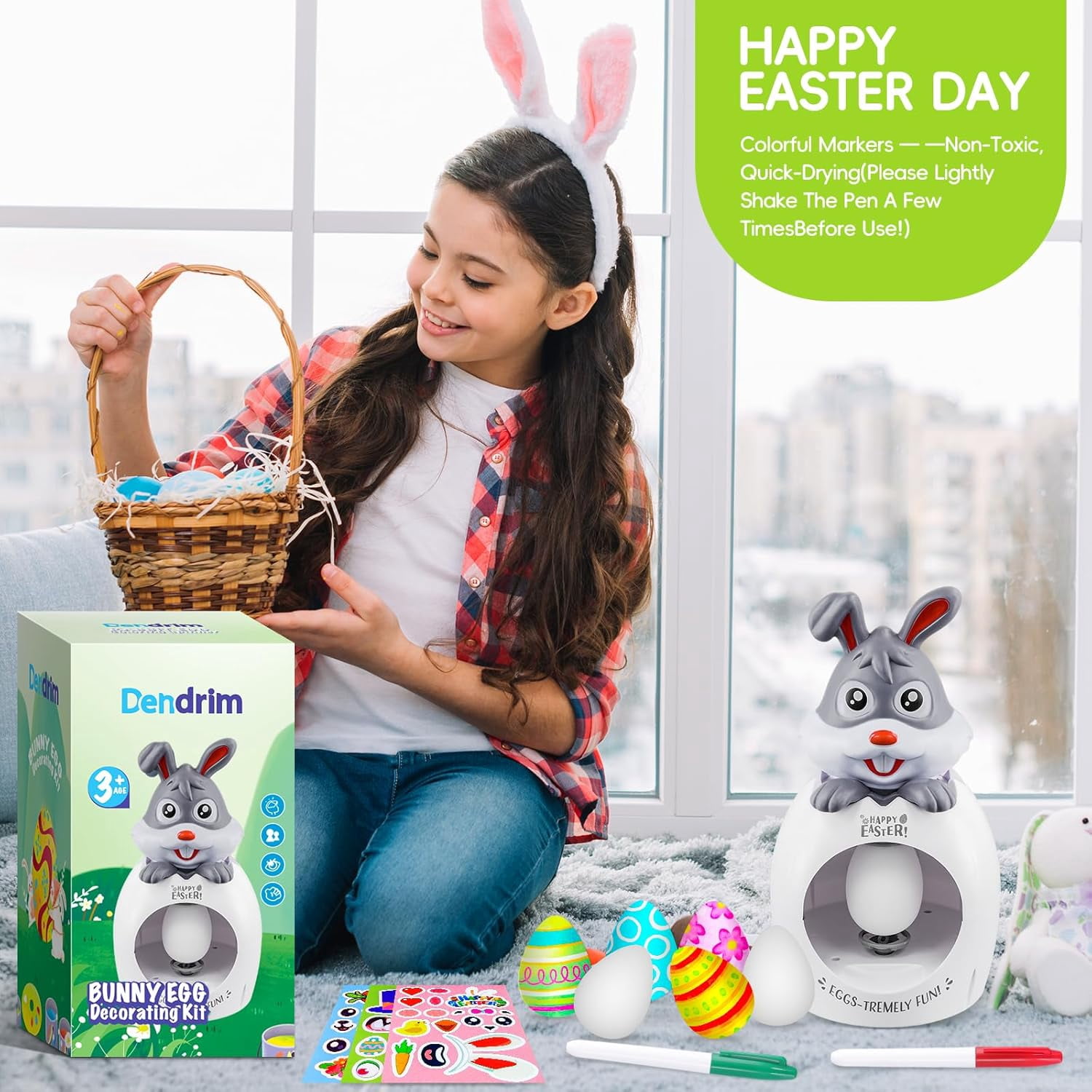 Easter Egg Decorating Kit for Kids, 32Pcs Cute Bunny Egg Decorator Rotator Gifts Crafts with Coloring Markers Fake Eggs Strings Make A Face Stickers for Party Supplies, Birthday, Egg Hunt Game