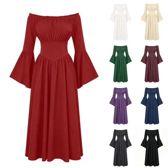 Off Shoulder Bell Sleeve Renaissance Dress Women Cottage Peasant Pirate Dress