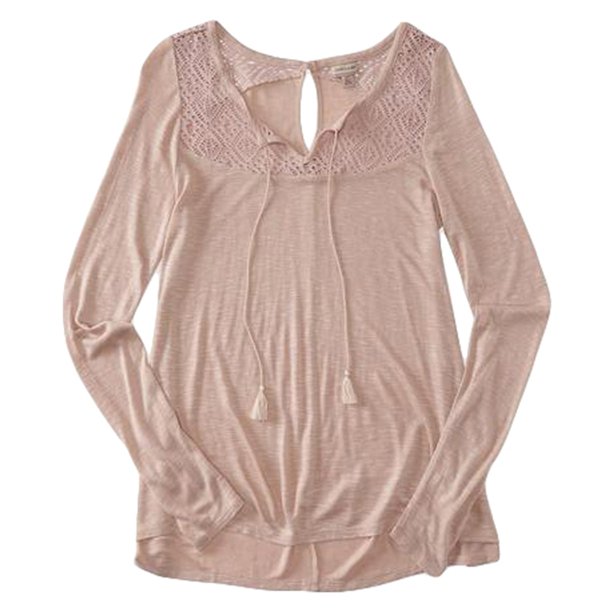 Aeropostale - Camiseta de manga larga con encaje para mujer, marrón, pequeña Aeropostale Camiseta adornada