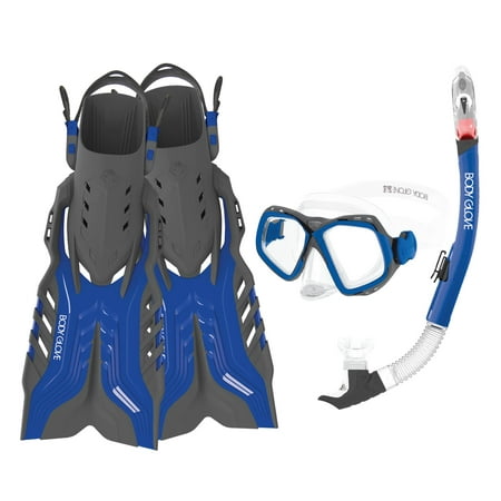 Body Glove Large to X-Large Fiji Swim Mask, Snorkel, and Fins Set, Blue and