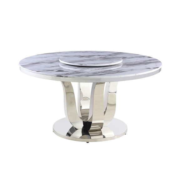 58" x 58" Round White Marble Dining Table with Lazy Susan and Stainless Steel