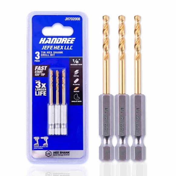 JEFE HEX 1/8" High Speed Steel Titanium Twist Drill Bit Set, 135 Degree Split Point for Anti-Walking Hex Shank Drill Bits for Steel, Wood, Plastics, Copper, Aluminum Alloy (Pack of 3)