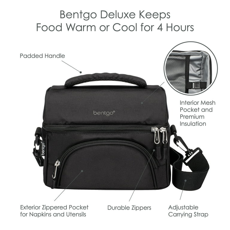  Bentgo® Deluxe Lunch Bag - Durable and Insulated Lunch Tote  with Zippered Outer Pocket, Internal Mesh Pocket, Padded & Adjustable  Straps, & 2-Way Zippers - Fits Most Lunch Boxes (Carbon Black)