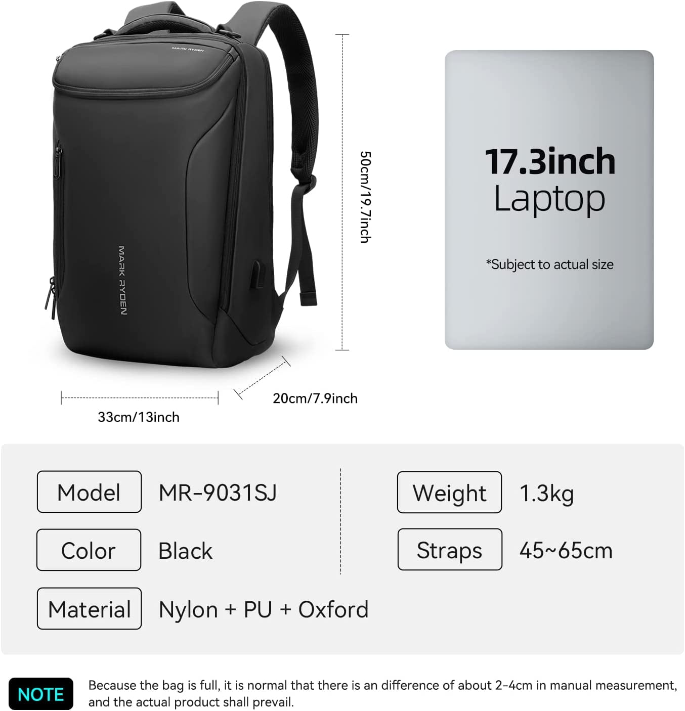 MARK RYDEN Business Computer Backpack for Men - Waterproof, Sport Car Shape Design with USB Port, Fits 17.3 Inch Laptop (YKK-3 Pocket)
