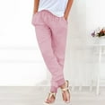 thumbnail image 2 of BODOAO Linen Pants Women Comfy Elastic Waist Drawstring Cotton Pants Lightweight Tapered Lounge Vacation Beach Pants Elastic Waist Pants Casual Trousers with Pockets Pink S, 2 of 9