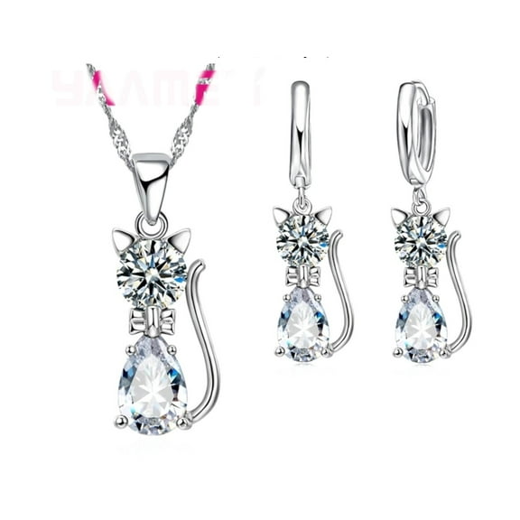 Sterling Silver Cubic Zirconia Cat Dangle Earrings and Necklace Set J-SS 002