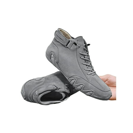 

Rotosw Mens Ankle Booties Faux Leather Boots Hand Stitching Flats Non Slip Lace Up Casual Shoes Dress Gray Solid Color 10.5