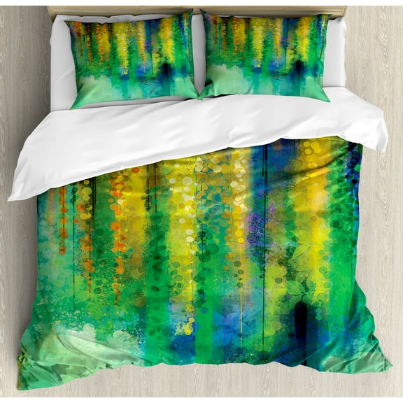 Watercolor Flower Duvet Cover Set, Abstract Style Spring Floral Watercolor Style Painting Image Nature Art, Decorative 3 Piece Bedding Set with 2 Pillow Shams, Calking Size, Green Yellow, by Ambesonne