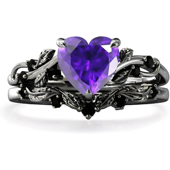 Rag Jewels 925 Sterling Silver 2.00 Ct Heart Cut Amethyst & Black Diamond Wedding Valentine's Anniversary Christmas Bridal Ring Set 14K Black Gold Plated For Women's -6