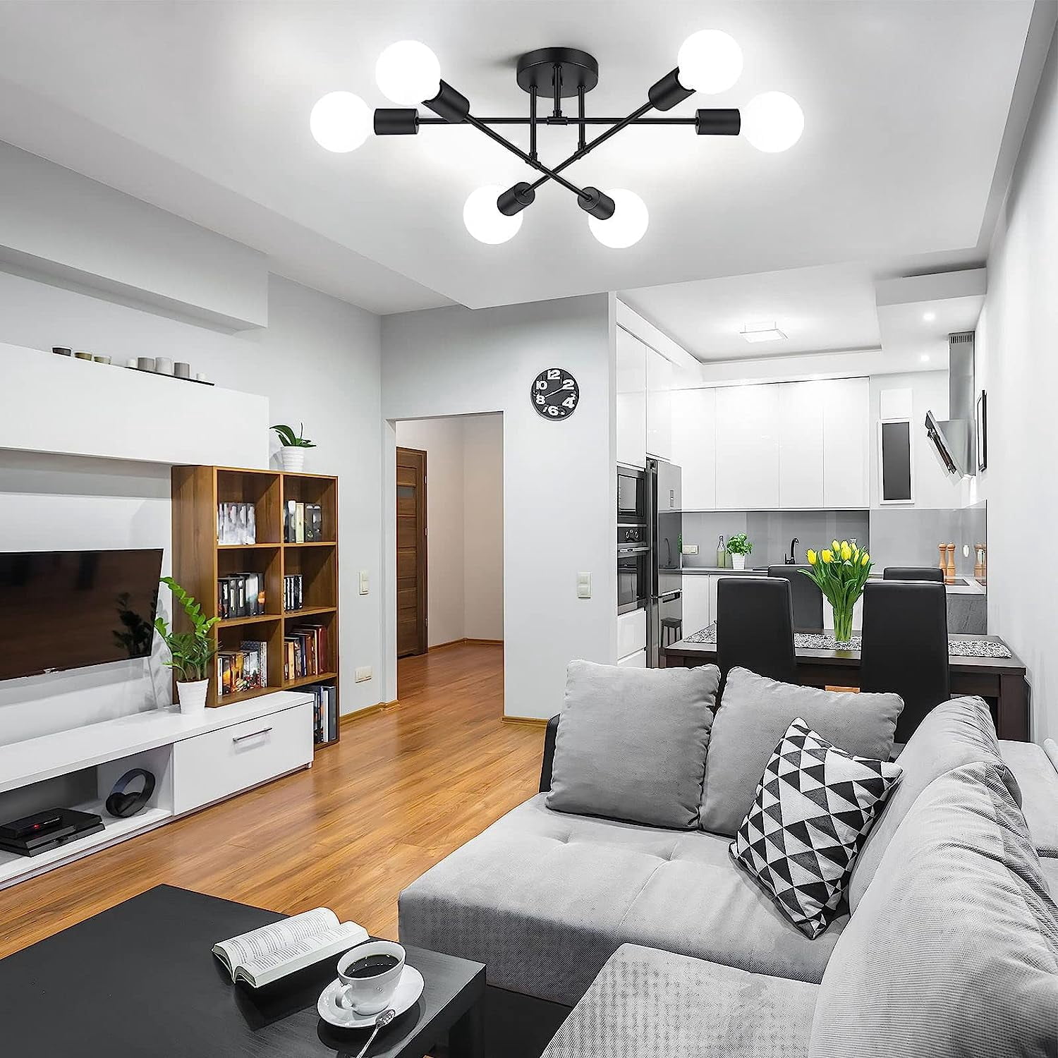 Neoglint Sputnik Chandelier, 6-Light Black Mid Century Flush Mount Ceiling Light Fixture with E26 Base for Dining Room Bedroom Foyer Hallway Living Room